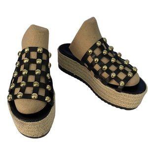 MAKIS KOTRIS BLACK WITH GOLD STUDS ESPADRILLE WEDGE SLIDE SANDAL